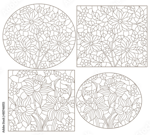 A set of contour illustrations in the style of stained glass with floral arrangements, dark contours on a white background