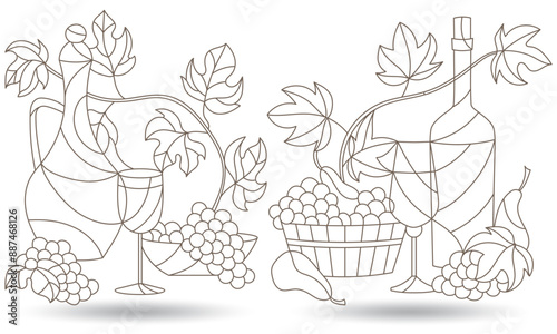 A set of sculptural illustrations with still lifes, wine bottles, grapes and fruits isolated on a white background