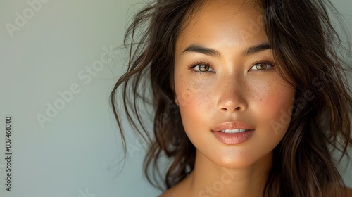 Close-up portrait of a young woman with natural makeup and flowing hair, showcasing radiant skin in soft light.