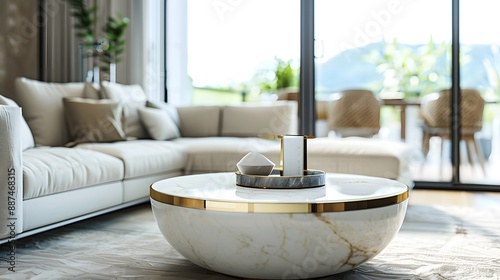Marble coffee table, white marble with gold edges, round shape, in the center of an open space living room with large windows and modern furniture.