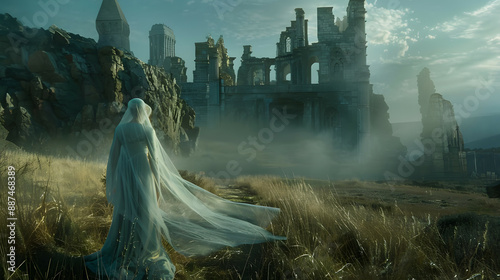 Scenery of a woman in white costume looking at a medieval castle