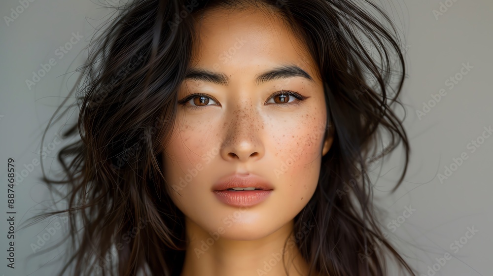 Portrait of a woman with natural makeup and tousled hair, showcasing fresh and clear skin in a minimalistic setting. Portrait of a woman with natural makeup and tousled hair, showcasing fresh and clear skin in a minimalistic setting.
