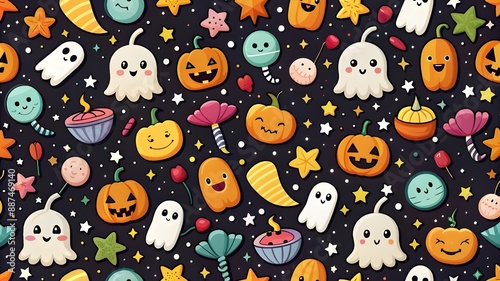 Cute Happy Halloween cartoon seamless pattern vector violet background ghost, skull, pumpkin, jack-o-lantern, bat, black cat, spider web, candlestick, lollipop candy, coffin, witch hat, boo, moon 
