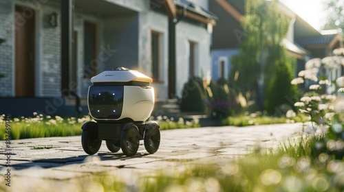 Delivery robot delivering mail in a suburban area  photo