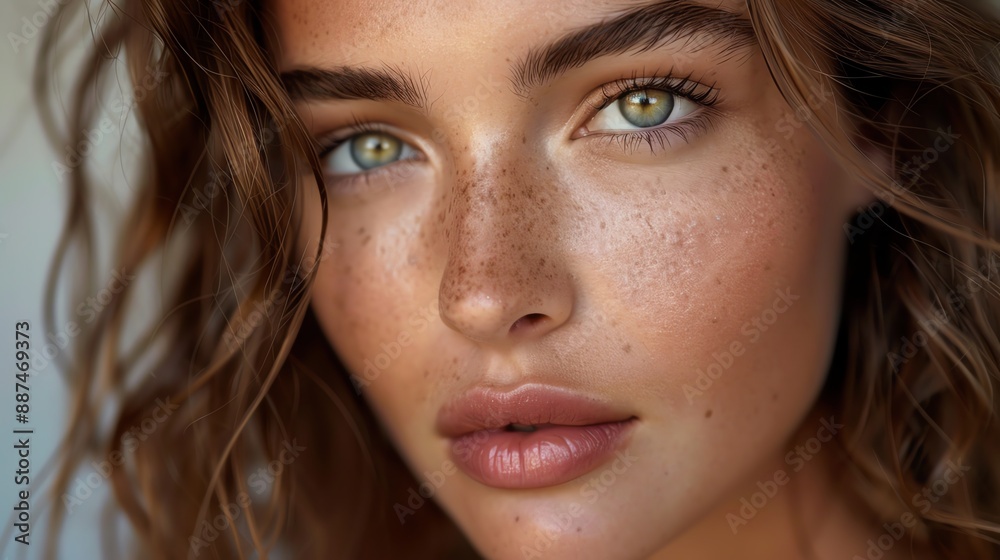 Fototapeta premium Close-up portrait of a woman with wavy hair and freckles, showcasing natural beauty and radiant, flawless skin.