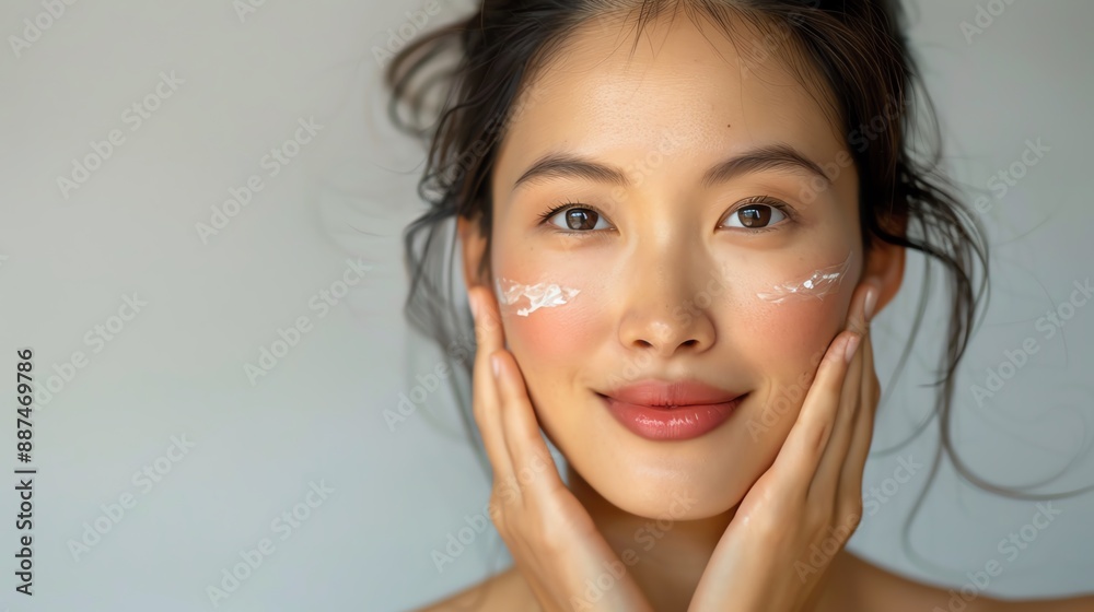 A young woman applying moisturizer, showcasing healthy skin and beauty care routine. Emphasizing natural beauty and skincare products. A young woman applying moisturizer, showcasing healthy skin and beauty care routine. Emphasizing natural beauty and skincare products.