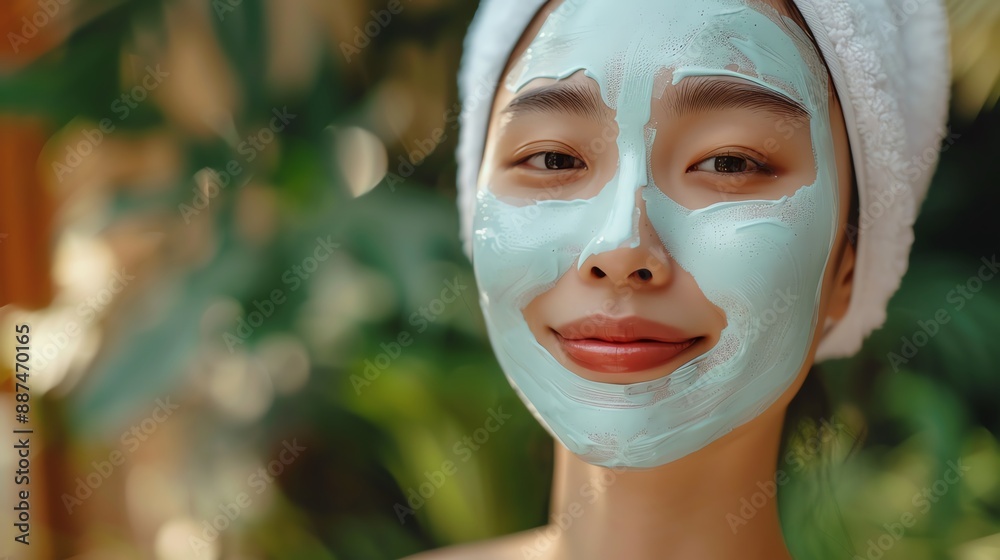 Fototapeta premium Smiling woman with facial mask and towel on head, enjoying skincare routine in a serene environment.