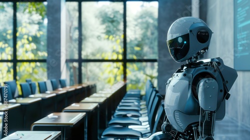 Humanoid robot teaching a class in a futuristic classroom with minimalist background photo