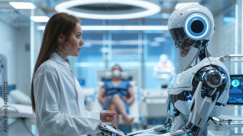 Robot doctor interacting with patient in a futuristic medical facility photo