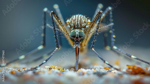 Intense close-up of a mosquito's mouthparts, showing the complex feeding mechanism, advanced tone, Complementary Color Scheme photo