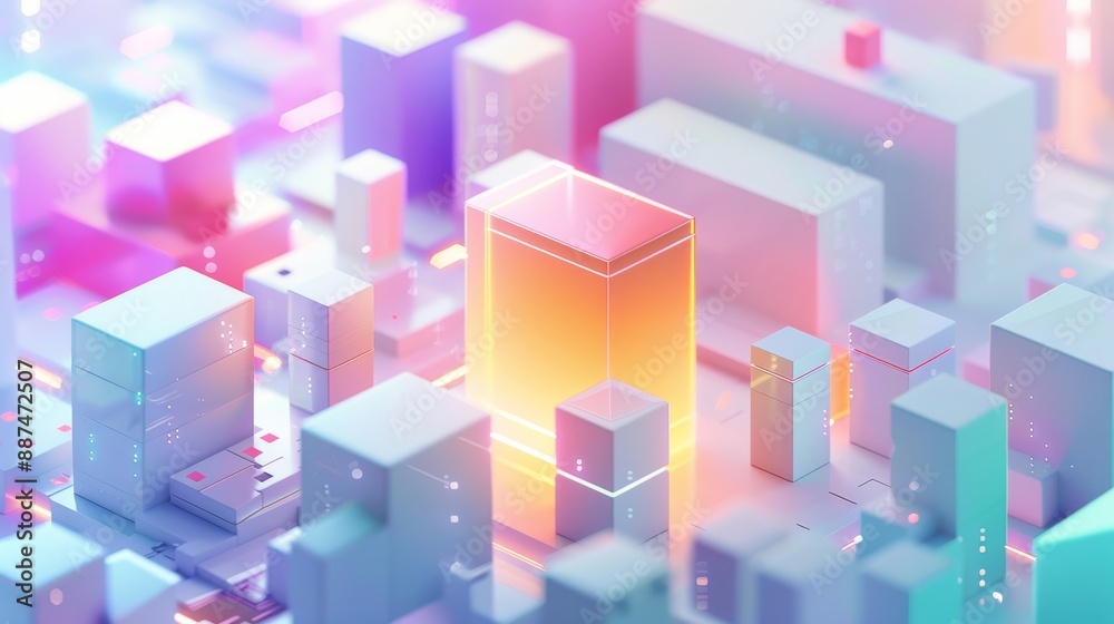 Obraz premium Abstract Futuristic 3D Render Minimalistic Style with Floating Geometric Shapes Isometric Design, Light Color Theme, Bright Background, and Soft Lighting
