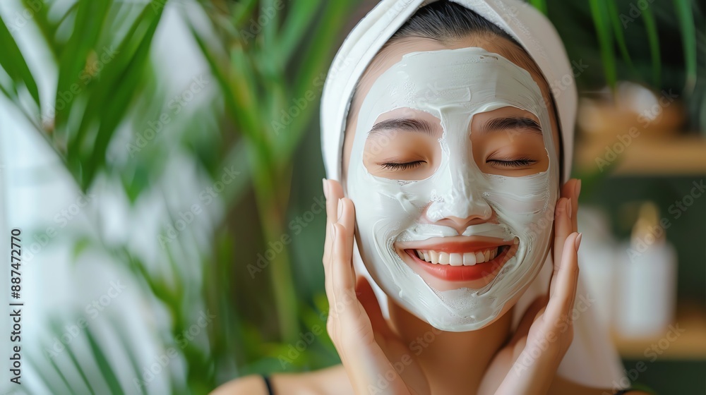 Woman with a clay face mask enjoying a spa treatment at home, skincare routine, and relaxation. Indoor plants in the background. Woman with a clay face mask enjoying a spa treatment at home, skincare routine, and relaxation. Indoor plants in the background.