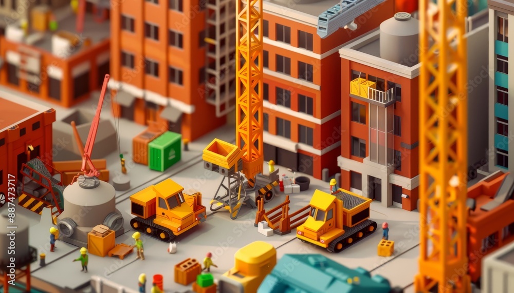 Obraz premium Dynamic Construction Site with Cranes, Steel Framework, and Busy Workers Assembling a Modern High-Rise Building in Realistic Setting