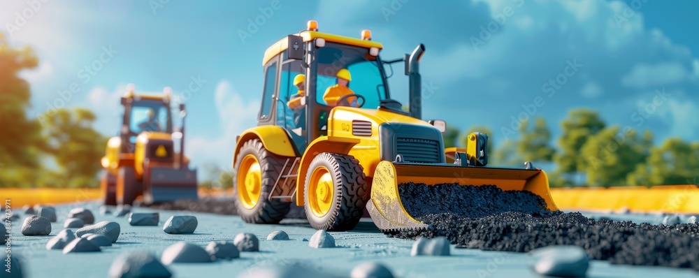 Busy Road Construction Site with Workers Paving Asphalt under Blue Sky Busy Road Construction Site with Workers Paving Asphalt under Blue Sky