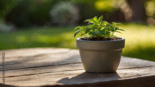 A plant in a clay pot on a wooden table in the garden