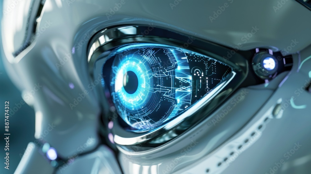Robot eye displaying advanced optical capabilities with minimalist background