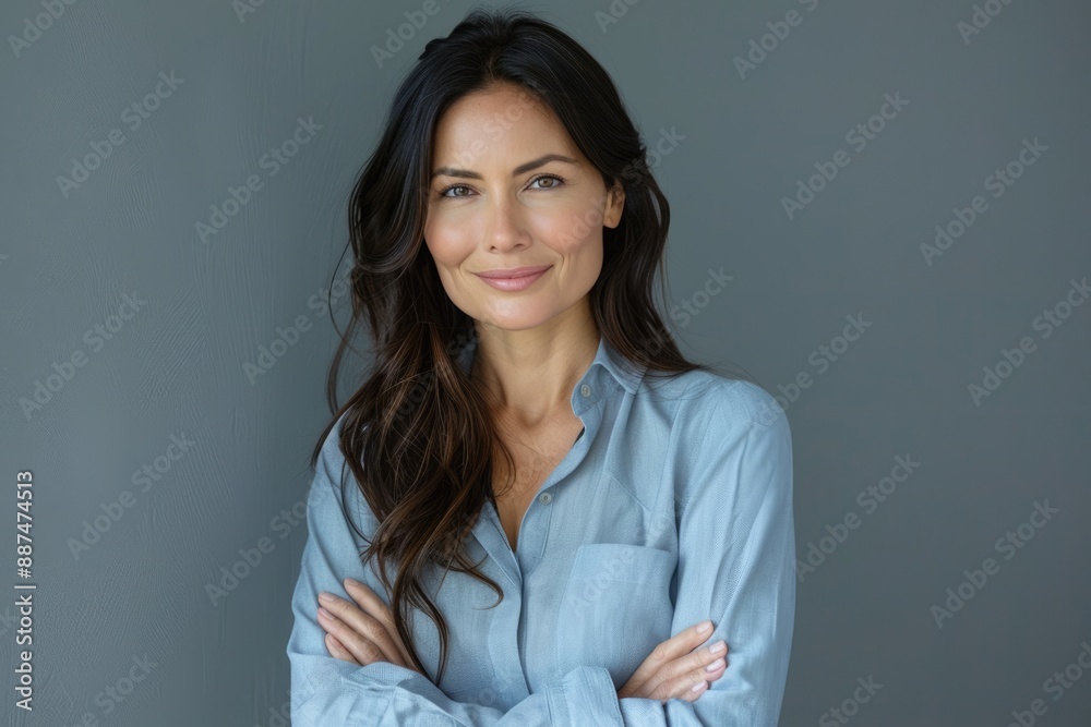 The young woman crossed her hands and looked at the camera with a smile The young woman crossed her hands and looked at the camera with a smile