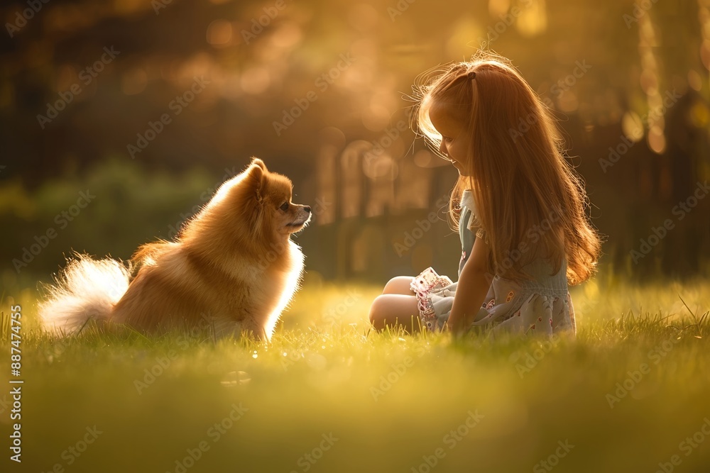 A little girl playing with a cute Pomeranian dog on grass field in the morning, Generative AI A little girl playing with a cute Pomeranian dog on grass field in the morning, Generative AI