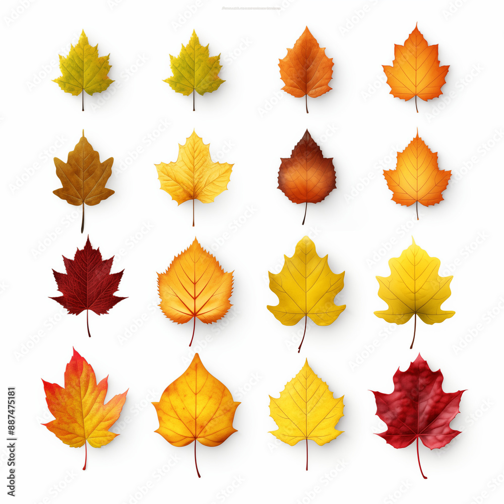 Collection of Bright Autumn Leaves in Different Shapes Isolated on White Background Ideal for Fall Themes Collection of Bright Autumn Leaves in Different Shapes Isolated on White Background Ideal for Fall Themes