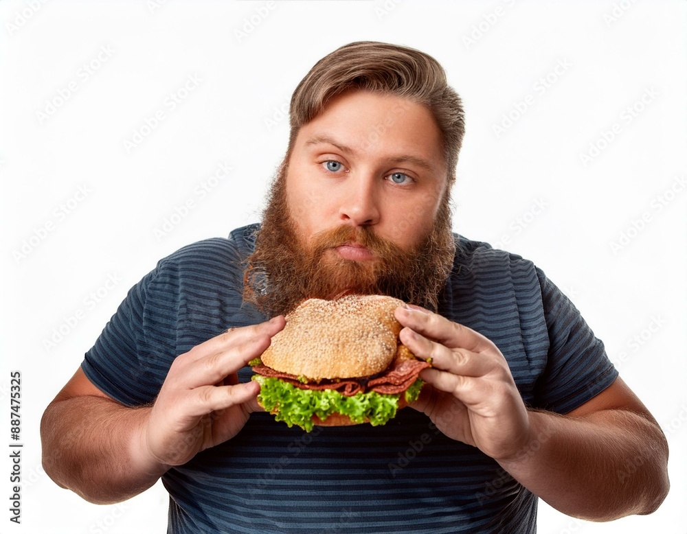 A humorous image of a fat white man eating a huge sandwich, with a close-up of his large belly, isolated against a white background.
A humorous image of a fat white man eating a huge sandwich, with a close-up of his large belly, isolated against a white background.