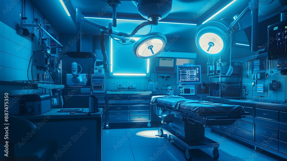 Modern medical aesthetic hospital operating room, light blue color theme, large modern lights above the bed and other equipment. Modern medical aesthetic hospital operating room, light blue color theme, large modern lights above the bed and other equipment.