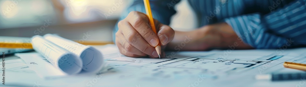 Skilled Architect Drawing Detailed Plans and Model with Precision Skilled Architect Drawing Detailed Plans and Model with Precision
