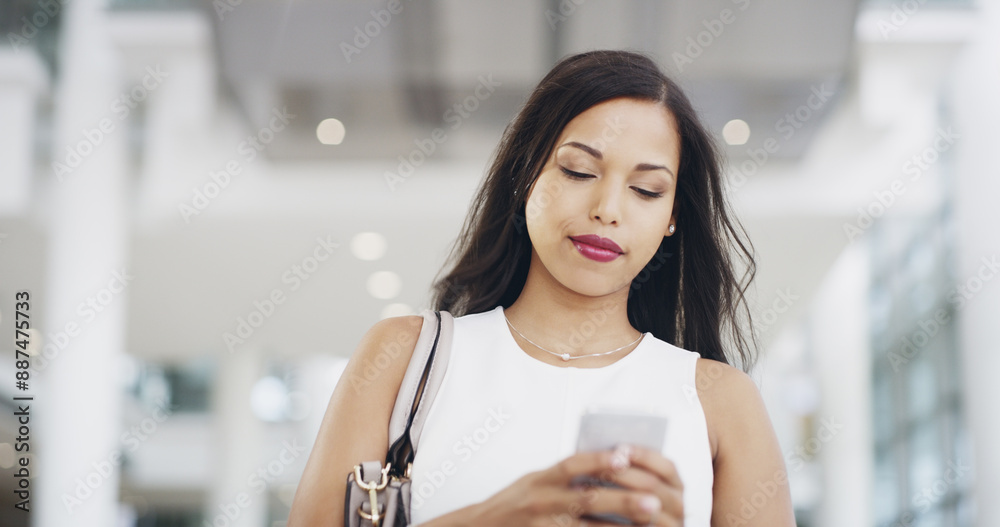 Woman, texting and office for walk, cellphone and online for email website or social media. Communication, internet and lawyer for journey to workplace, attorney person or legal advisor for law firm Woman, texting and office for walk, cellphone and online for email website or social media. Communication, internet and lawyer for journey to workplace, attorney person or legal advisor for law firm