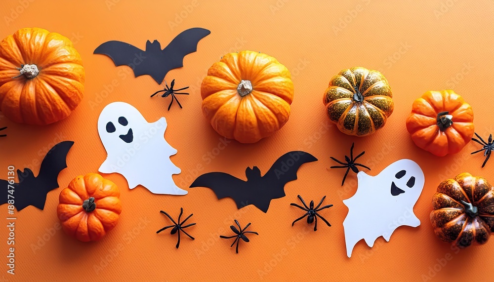 Halloween holiday card with party decorations of pumpkins, bats, spiders, ghosts on orange background top view Halloween holiday card with party decorations of pumpkins, bats, spiders, ghosts on orange background top view