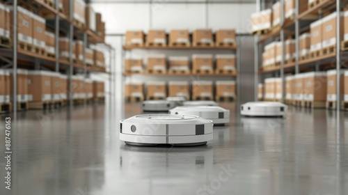 Warehouse robots scanning barcodes on products with minimalist background