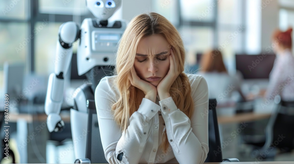 Woman experiencing stress at desk with AI robot in background Woman experiencing stress at desk with AI robot in background