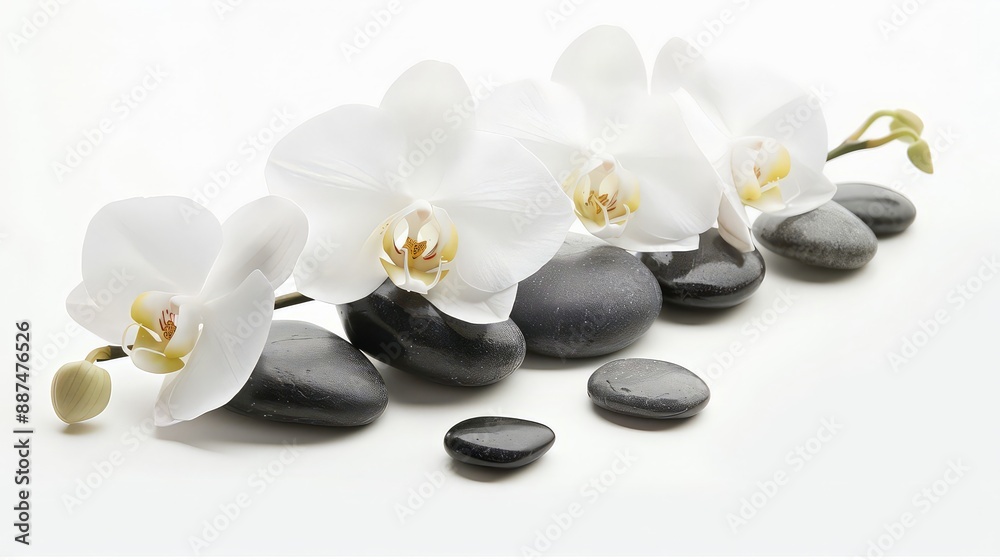 Spa still life with massage stones,white orchid on water reflection. Spa and white orchid Spa still life with massage stones,white orchid on water reflection. Spa and white orchid