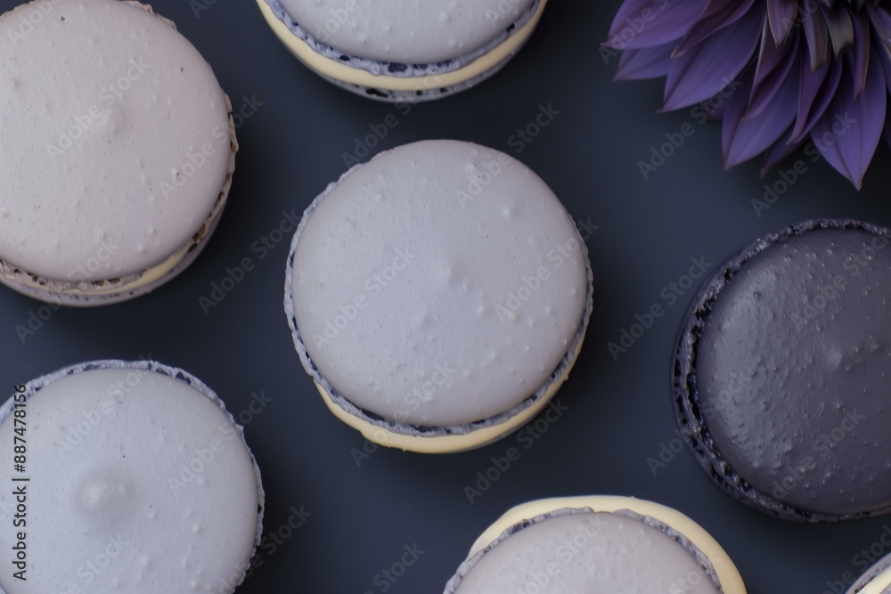Shades of future dusk blue delicious macarons with vanilla cream arranged artistically with many dark blue dahlias flat lay Shades of future dusk blue delicious macarons with vanilla cream arranged artistically with many dark blue dahlias flat lay