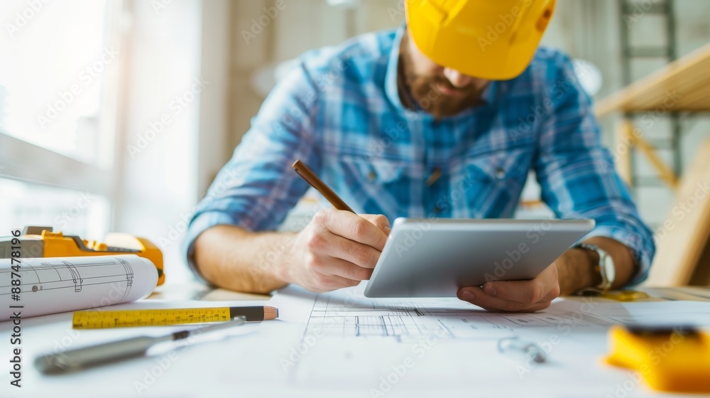 Professional Engineer Studying Construction Plans on Digital Tablet with Blueprint and Measuring Tools on Desk