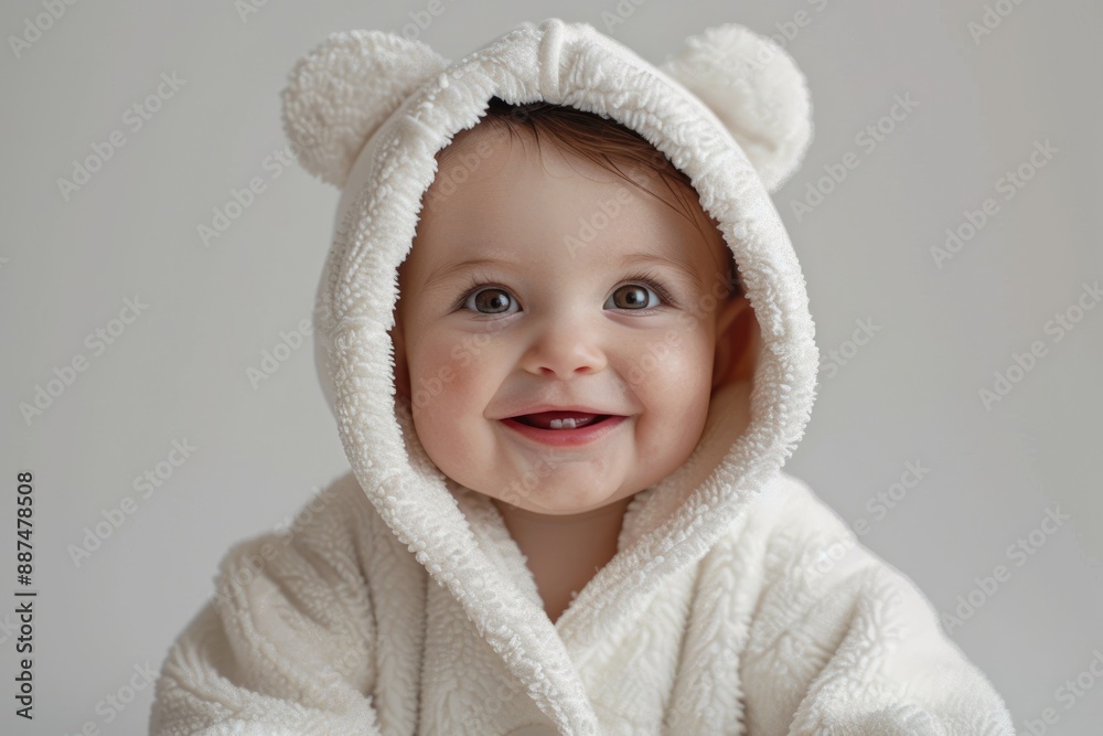 A baby wearing a bathrobe with a white background
