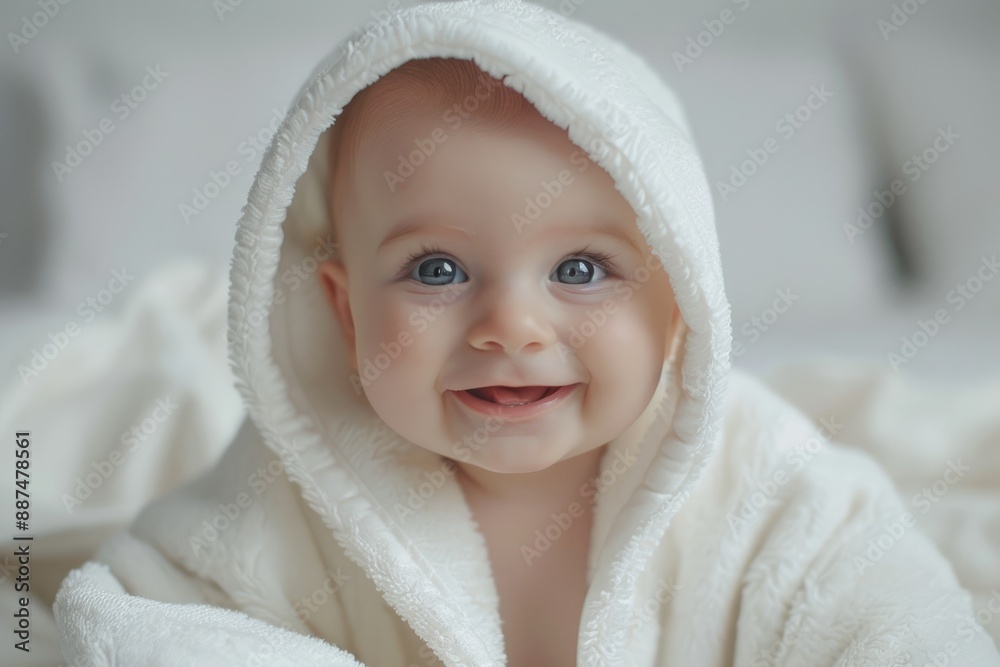A baby wearing a bathrobe with a white background A baby wearing a bathrobe with a white background