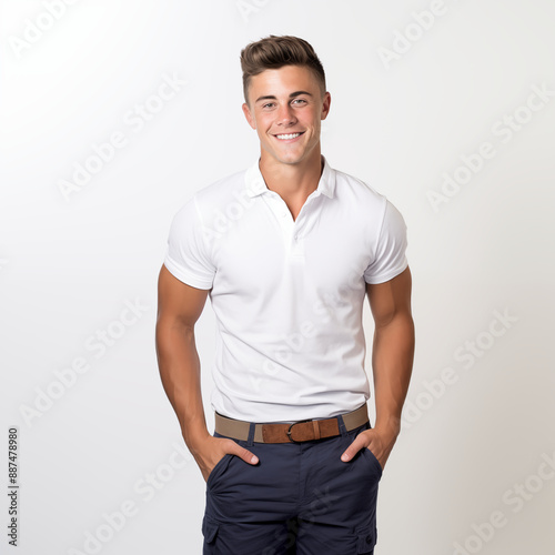 Smiling Young Man In White Polo Shirt And Navy Cargo Shorts Isolated On White Background