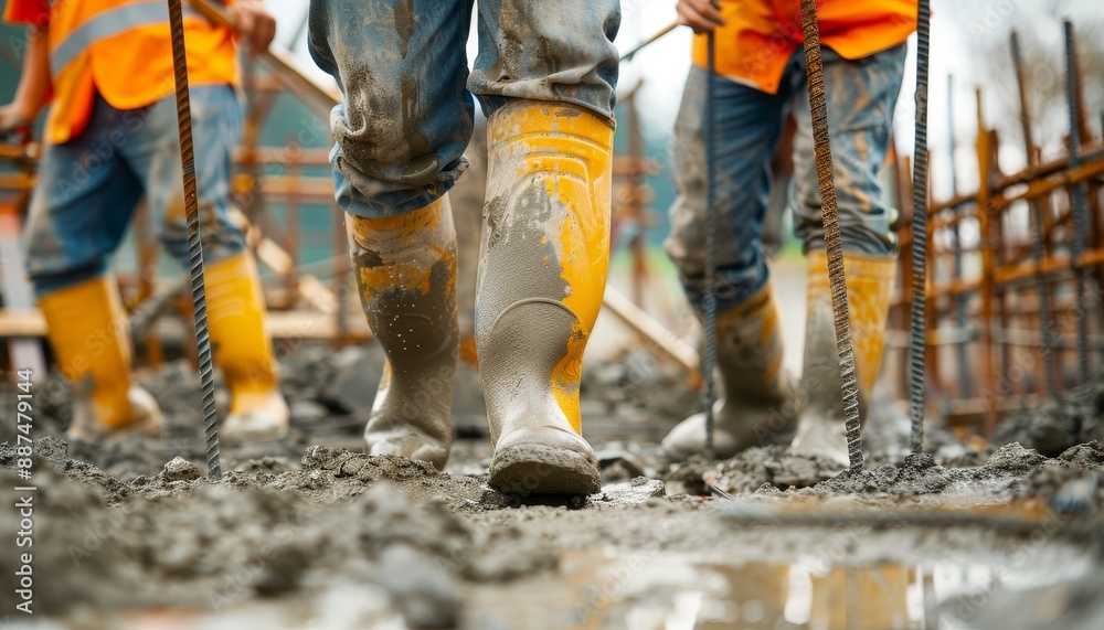 Close-up of Construction Workers Pouring Concrete and Laying Steel Bars for Foundation Work Close-up of Construction Workers Pouring Concrete and Laying Steel Bars for Foundation Work