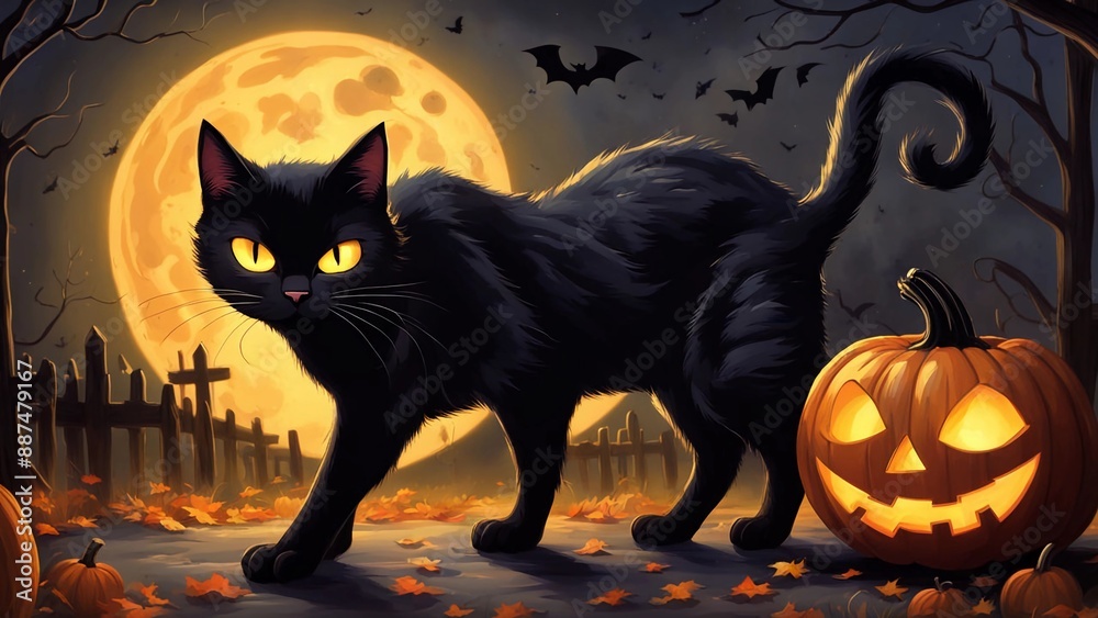 A sleek black cat prowls beside a flickering jack-o-lantern on a moonlit Halloween night A sleek black cat prowls beside a flickering jack-o-lantern on a moonlit Halloween night