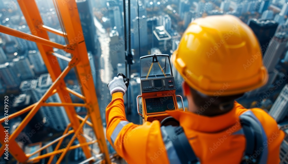 Fototapeta premium Construction Worker Operating Crane on a Construction Site