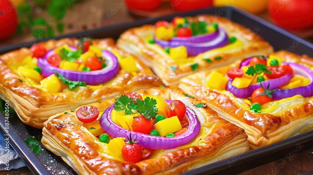 Fototapeta premium A close-up image of a pizza tray with multiple toppings on each slice