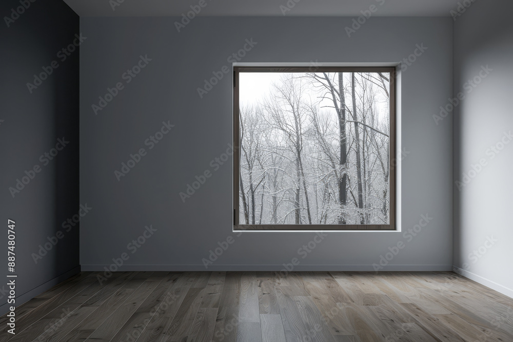 Large window in an empty apartment room in dark tone, with no furniture and copy space. Minimalist interiors design composition for Real Estate advertising.
