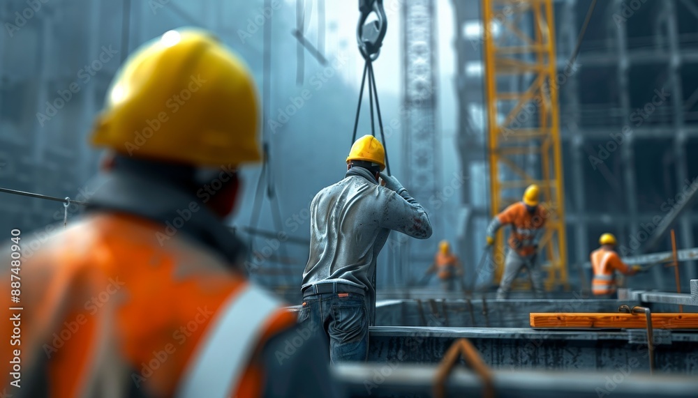 Fototapeta premium Construction Crane Lifting Steel Framework at High-Rise Building Site with Workers Securing Beams