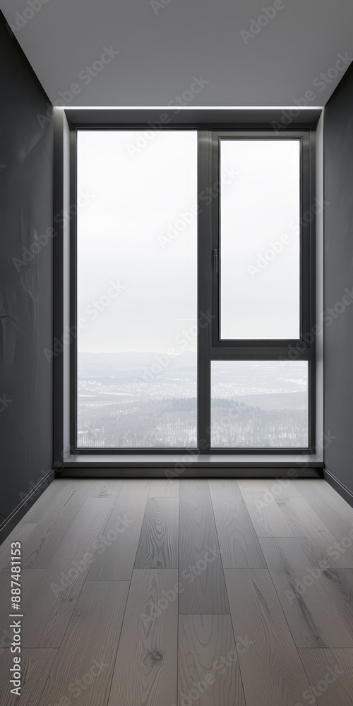Large window in an empty apartment room in dark tone, with no furniture and copy space. Minimalist interiors design composition for Real Estate advertising. Large window in an empty apartment room in dark tone, with no furniture and copy space. Minimalist interiors design composition for Real Estate advertising.
