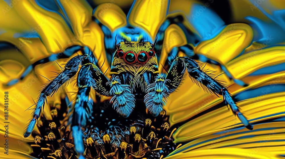 Fototapeta premium Blue-yellow spider on yellow flower with black-white stripe