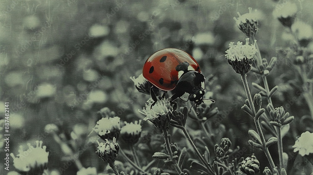 Fototapeta premium A woman bug perched on top of a blossom amidst a sea of white daisies