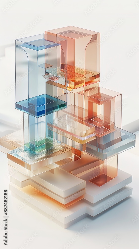 Obraz premium Abstract Futuristic 3D Render Minimalistic Style with Floating Geometric Shapes Isometric Design, Light Color Theme, Bright Background, and Soft Lighting