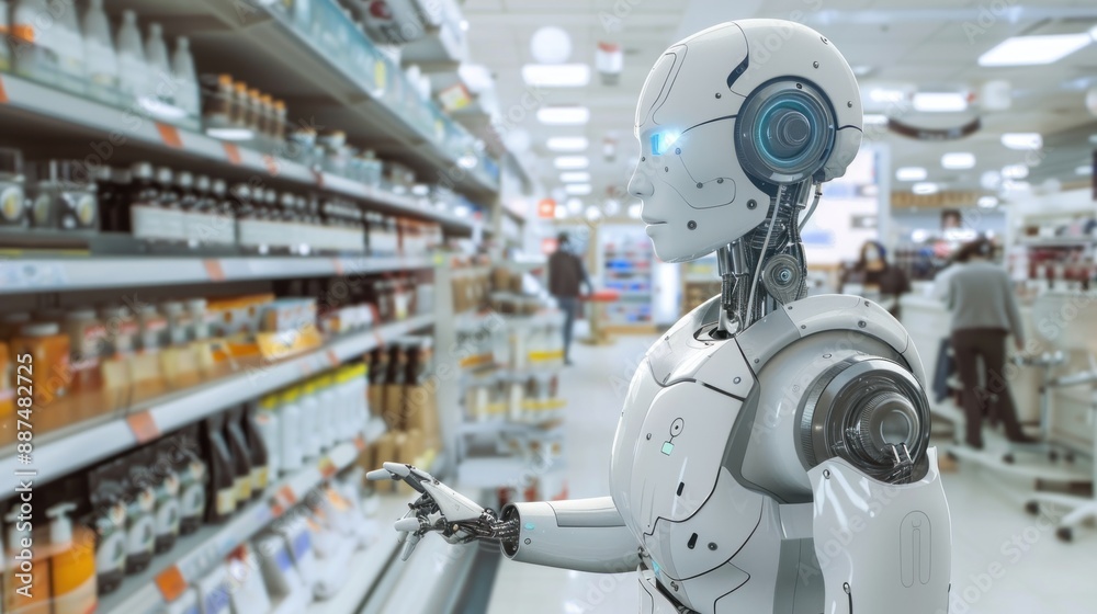 Human robot providing customer service in a retail store with minimalist background Human robot providing customer service in a retail store with minimalist background