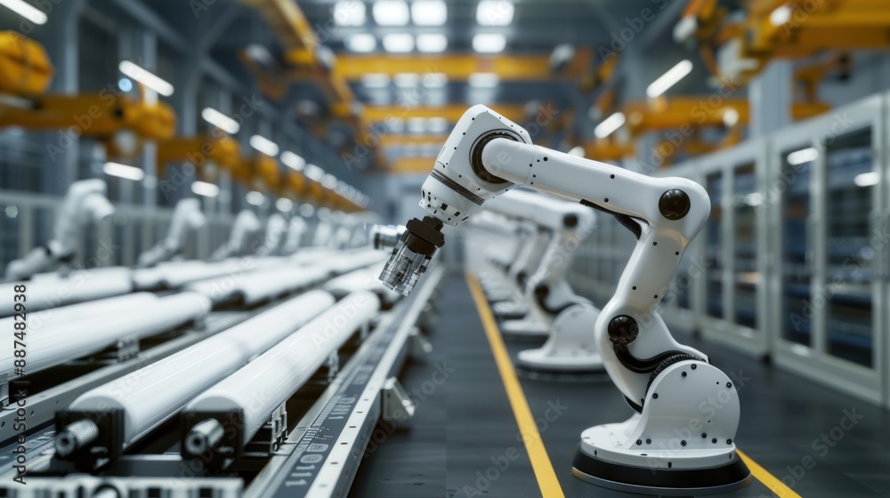 Industrial robots performing repetitive tasks with high precision with minimalist background Industrial robots performing repetitive tasks with high precision with minimalist background