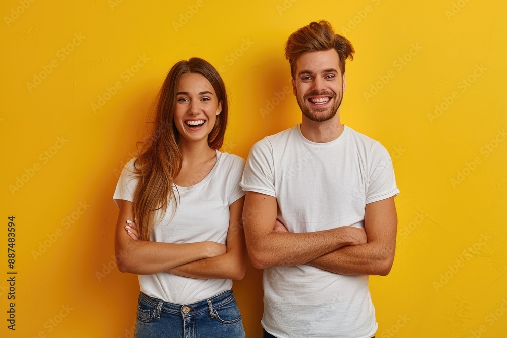 Young couple photo with yellow background, taken in the studio Young couple photo with yellow background, taken in the studio