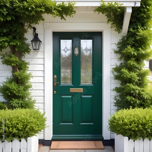 A joyful, green front door on a delightful, white wooden cottage with a welcoming, homey ambiance and a tidy, landscaped yard
